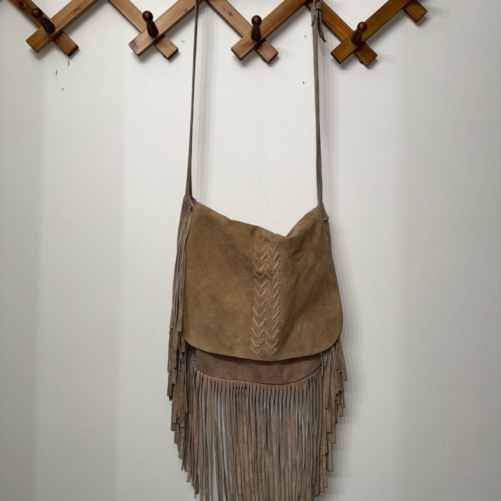 Tan Suede Fringe Crossbody Bag